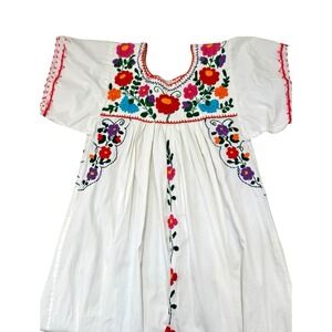 Vtg Oaxacan Mexican Cotton Dress Huipil Floral Handmade Maxi Embroider Mexico